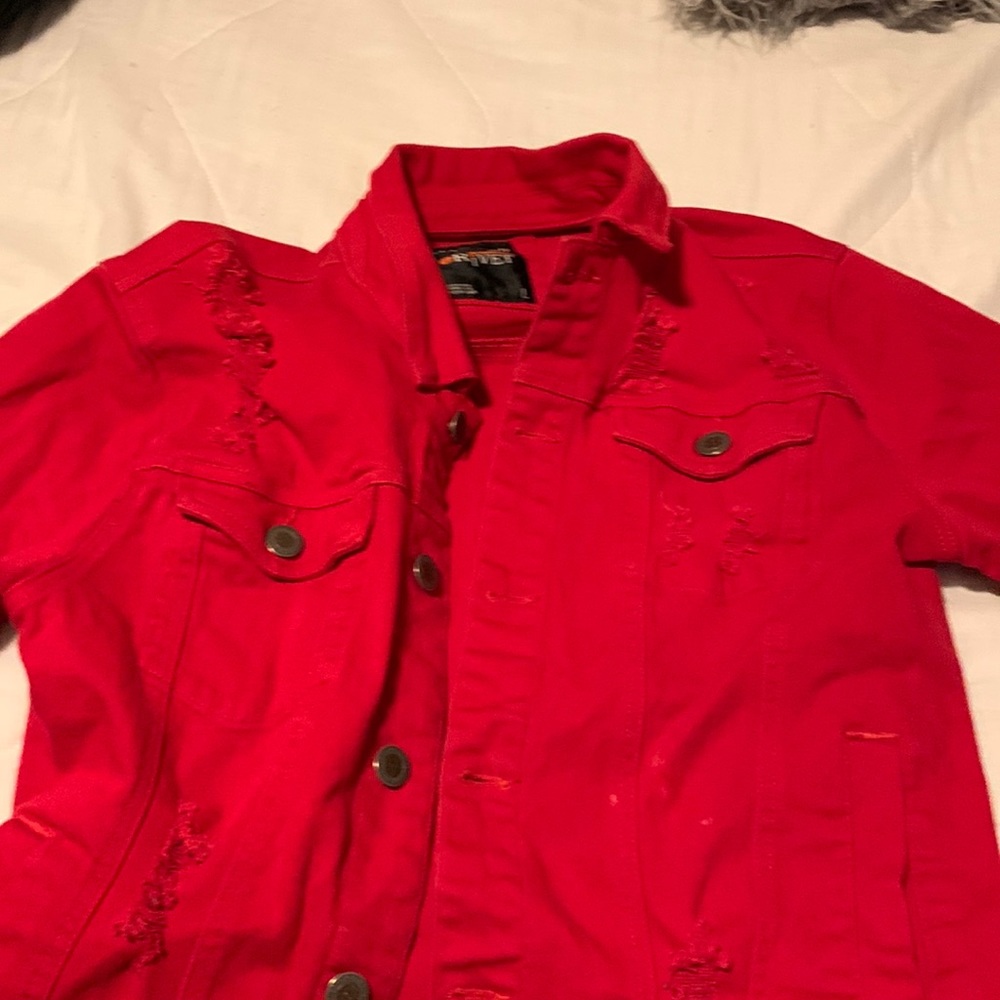 Red ripped demi jean jacket